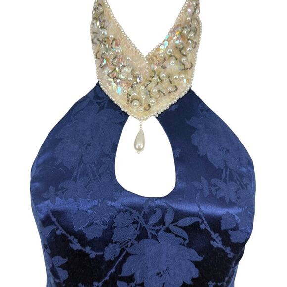 Maurices Vintage Navy Satin Floral Beaded Choker Halter 90s Y2K Prom Dress sz XS - Picture 5 of 15